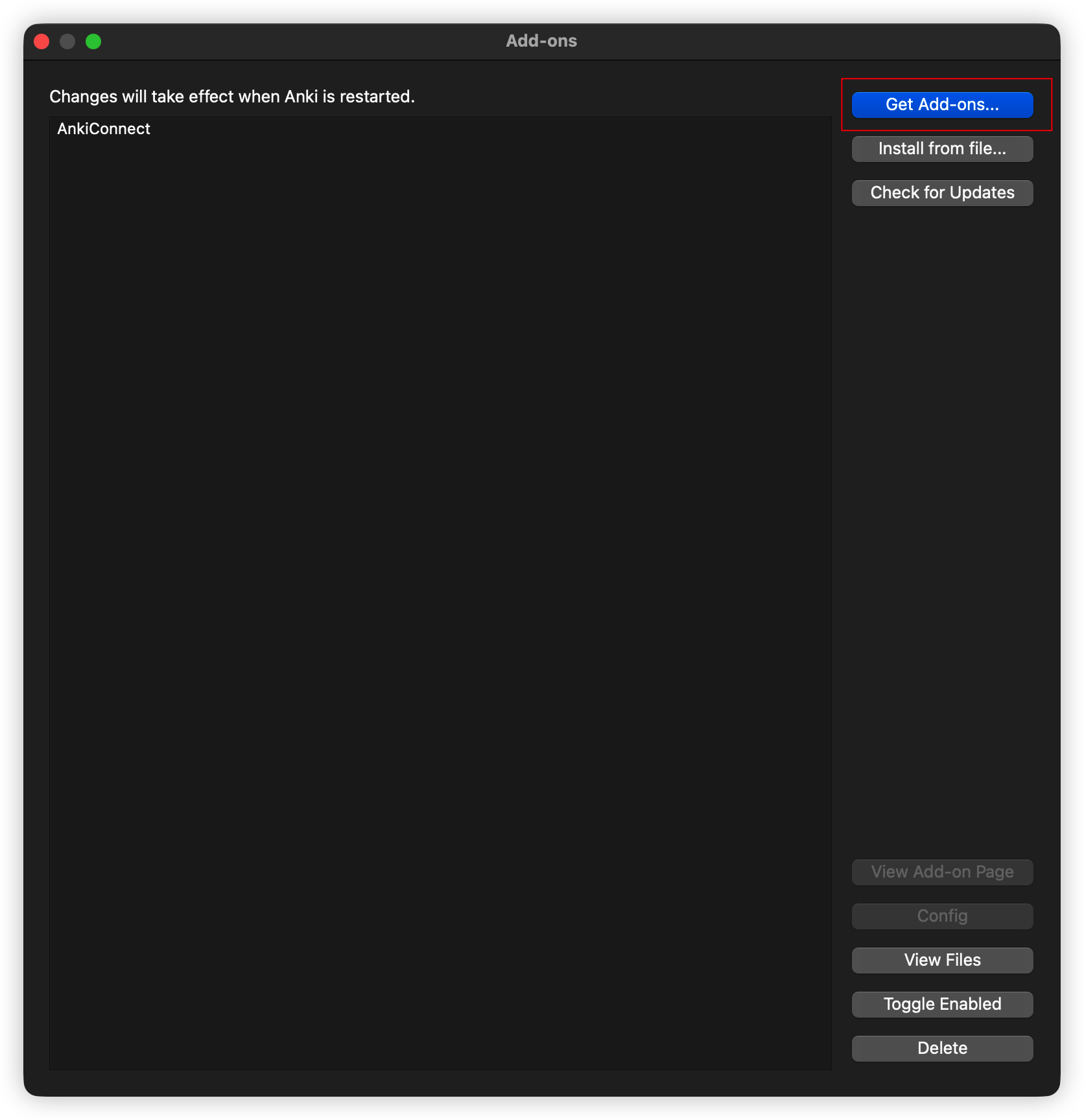 Anki Add-ons 창에서 애드온 코드를 입력하는 화면 (1)