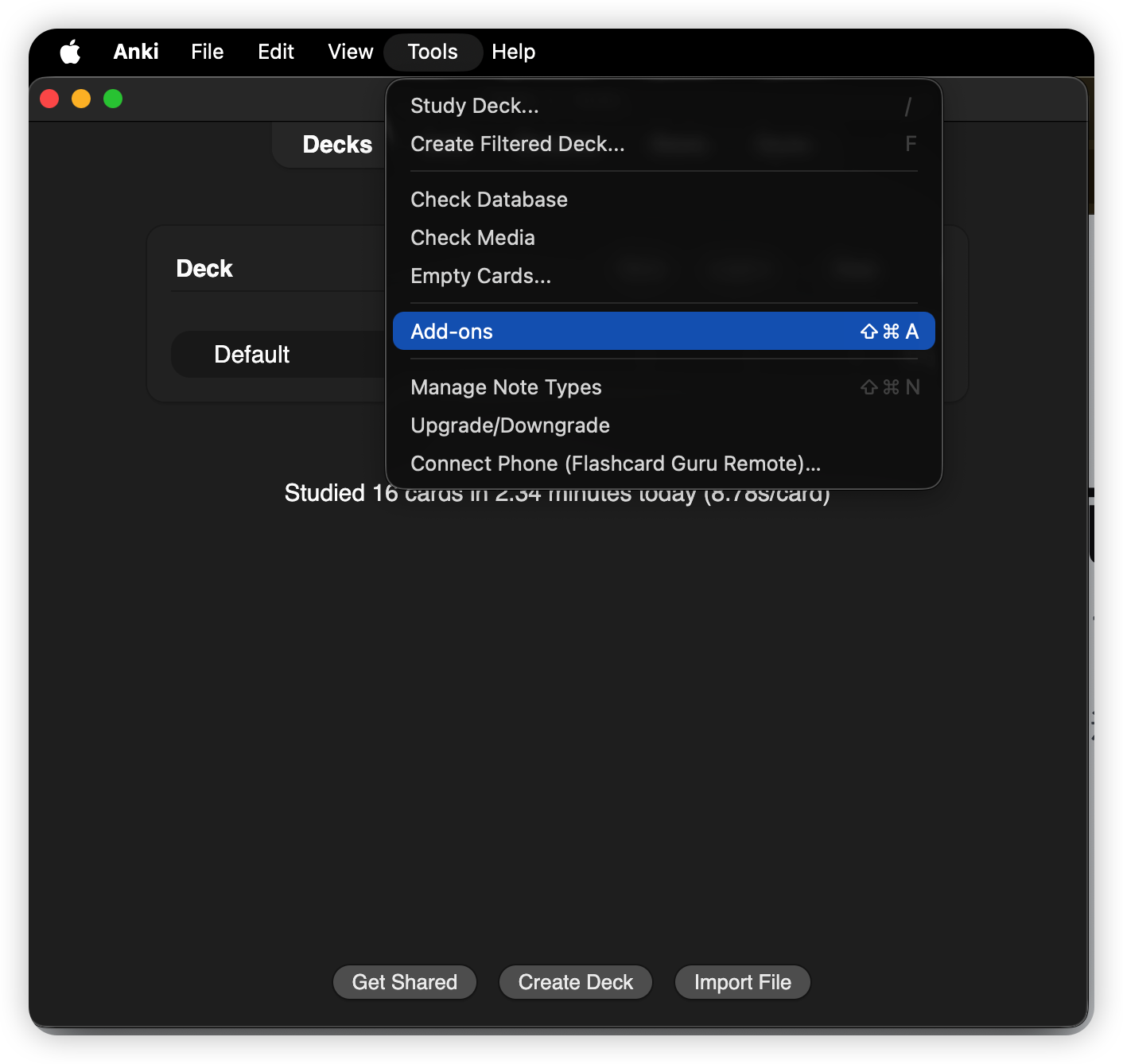 Anki Tools 메뉴에서 Add-ons를 선택한 화면