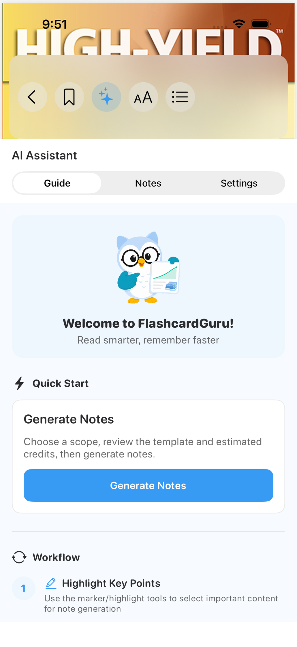 Guru 阅读器内的 AI 卡片生成面板